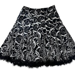 Vintage Silk Circle Skirt Lace Hem Black White Abstract Print Carmen Marc Valvo